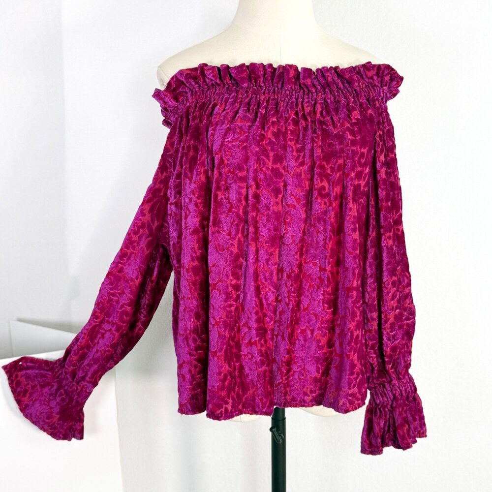 Vintage | Bila | Off Shoulder Smoldering Long Sleeve Purple Burnout Top | Sz S